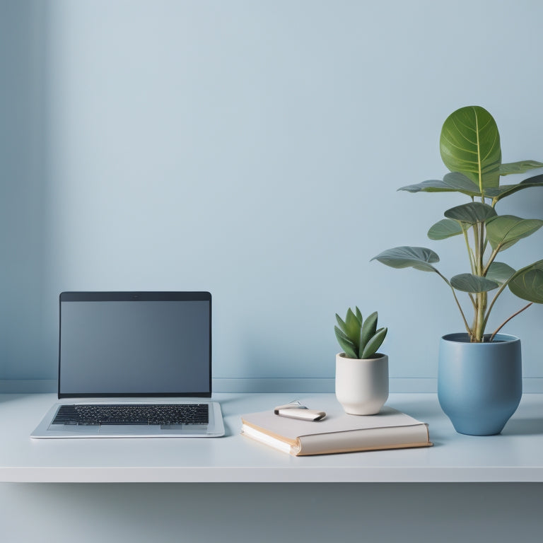 A serene minimalist workspace with a few carefully placed objects: a laptop, a small potted plant, and a single notebook, set against a calming light blue background with subtle texture.