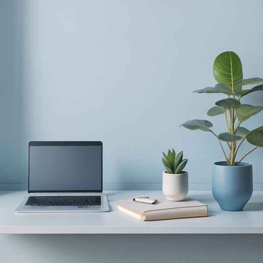 A serene minimalist workspace with a few carefully placed objects: a laptop, a small potted plant, and a single notebook, set against a calming light blue background with subtle texture.