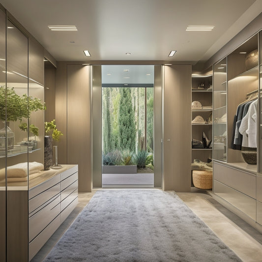 An opulent walk-in closet with sleek, high-gloss cabinets,soft-glow LED lighting, and a plush area rug, surrounded by lush greenery and floor-to-ceiling sliding glass doors overlooking a Palm Springs desert landscape.
