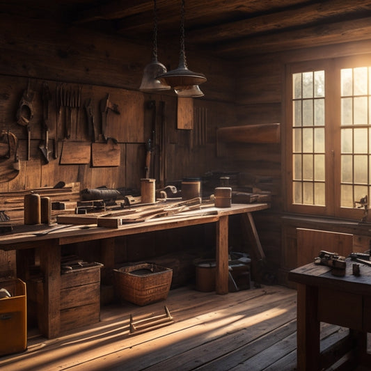 A rustic wooden workshop interior with a workbench centered, surrounded by various woodworking tools, wooden planks, and half-finished projects, with warm sunlight filtering through the wooden slats.