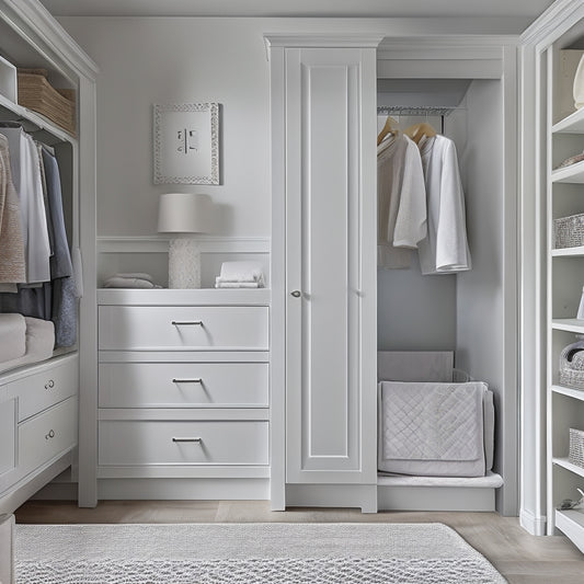 A serene, well-lit nursery closet with soft, creamy walls and a plush, gray area rug, featuring a wall-mounted, sliding-door storage system with sleek, white drawers and shelves.