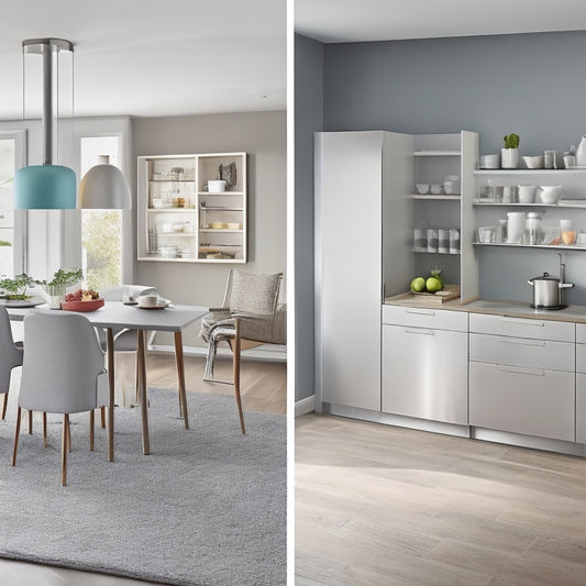 A modern, sleek kitchen with a wall-mounted foldable table, a retractable kitchen island, and a compact, space-saving refrigerator with a pull-out freezer drawer, all in a calming gray and white color scheme.