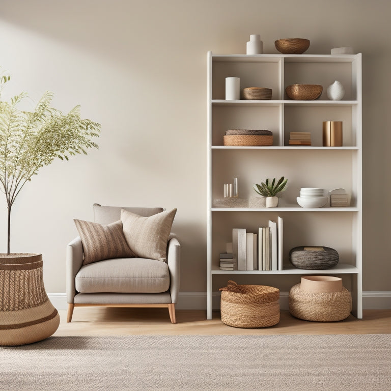 A serene, minimalist living room with a neutral color palette, featuring a sleek wall-mounted shelf with woven baskets, a geometric-patterned ottoman with storage, and a compact, ladder-like bookcase.