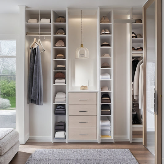 A modern, sleek closet with adjustable shelves, soft-close drawers, and a built-in shoe rack, surrounded by creamy white walls and dark wood flooring, with natural light pouring in from a large window.