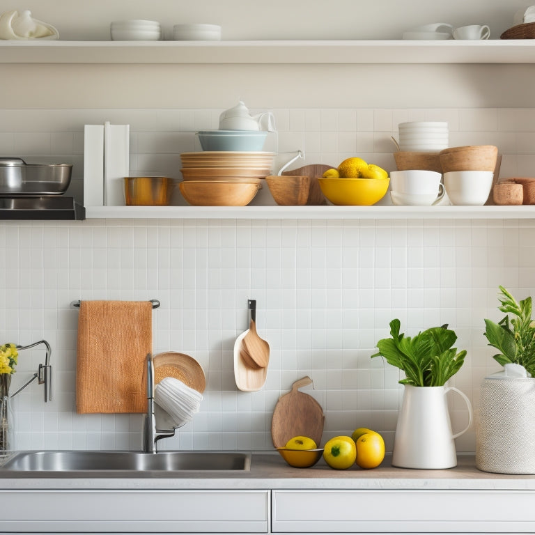 A bright, airy kitchen with sleek countertops, a utensil organizer on the wall, and a few, carefully-chosen cookbooks on a minimalist shelf, surrounded by plenty of negative space.