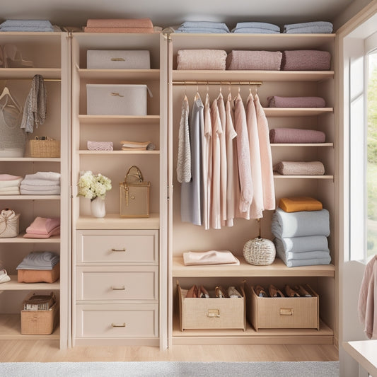 A serene, well-lit closet interior with customized shelves, drawers, and rods, featuring a mix of folded clothes, hanging garments, and storage bins in soothing pastel colors and natural wood tones.