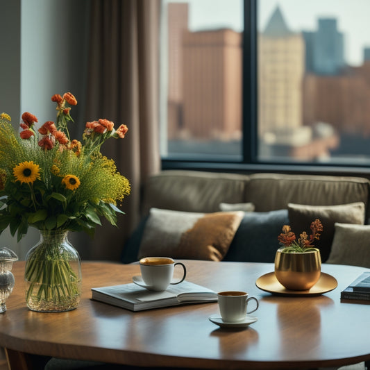 A tidy, modern living room with a laptop on a coffee table, surrounded by interior design books, a vase with fresh flowers, and a few decorative objects, with a subtle background of a cityscape.