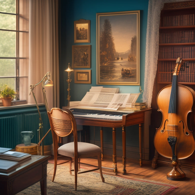 A serene, organized workspace with a harp at its center, surrounded by neatly labeled folders, a calendar, and a few elegant music sheets, illuminated by soft, warm light.