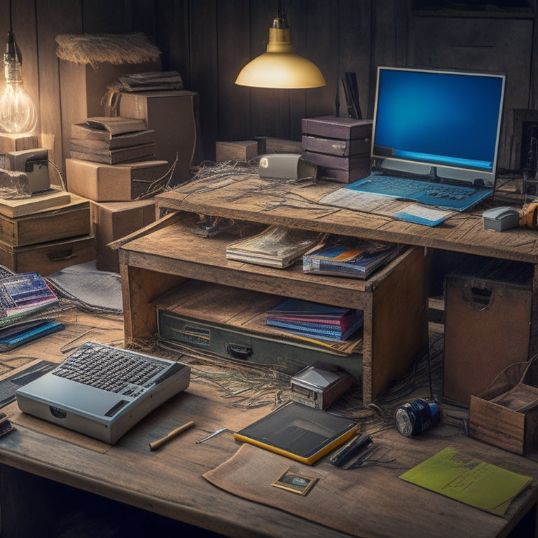An illustration of a small, worn-out wooden desk cluttered with old computers, tangled cables, and scattered papers, surrounded by stacked boxes and dusty storage bins, with a few shiny new SSDs and a screwdriver on top.