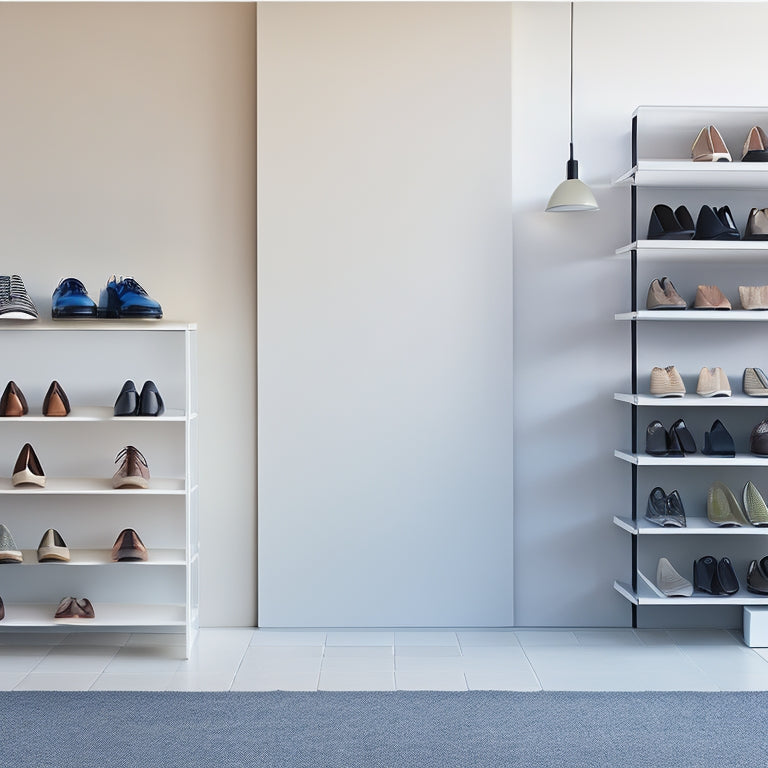 A minimalist, modern living room with a sleek, wall-mounted shoe rack displaying 5-7 stylish shoes in a staggered formation, surrounded by a few scattered shoeboxes and a subtle cityscape backdrop.