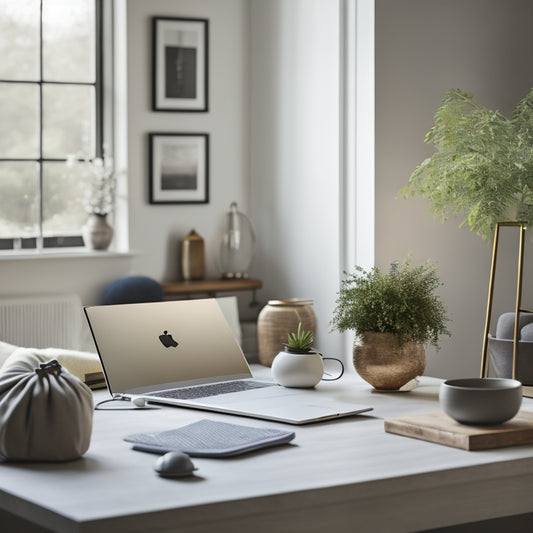 A serene, minimalist living room with a laptop on a tidy desk, surrounded by a few, carefully chosen, clutter-free decorative items, and a subtle background hint of a calendar or planner.