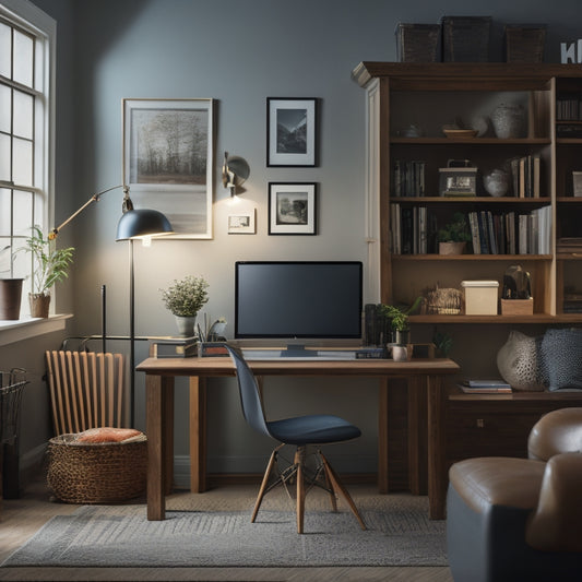 A serene, well-lit home office with a tidy desk, a laptop open to an online course website, and a few neatly organized storage bins and shelves in the background.