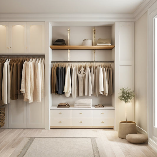 A serene, minimalist closet with cream-colored walls, polished wooden shelves, and a few statement pieces of artwork, featuring a few meticulously organized outfits on velvet hangers and a single, elegant, floor-to-ceiling curtain.