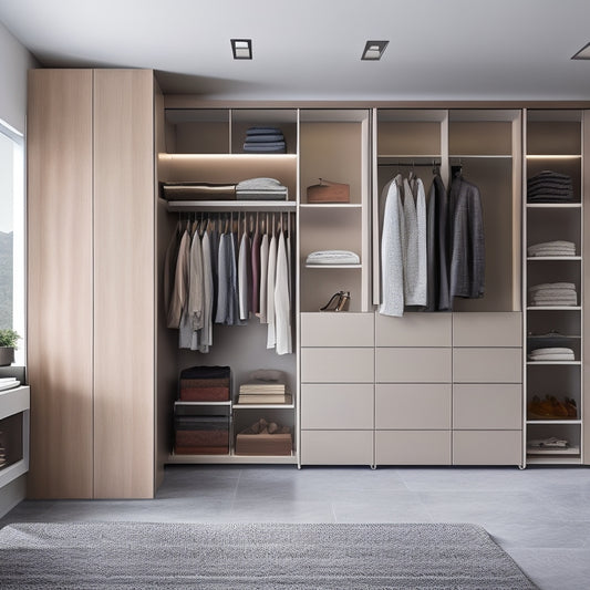 A modern, minimalist closet interior with a sleek, floor-to-ceiling storage system, featuring sliding glass doors, built-in shelves, and a central island with a hanging rod and drawers.