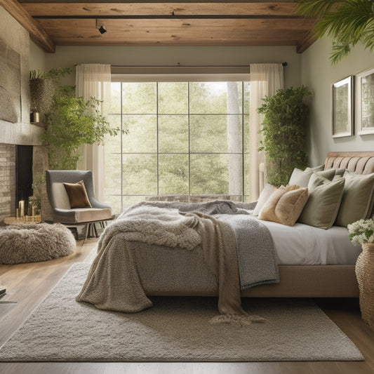 A serene bedroom featuring reclaimed wood accents, plush area rug, and a statement stone fireplace, surrounded by lush greenery and warm, golden lighting, with a plush bed adorned with natural linens.