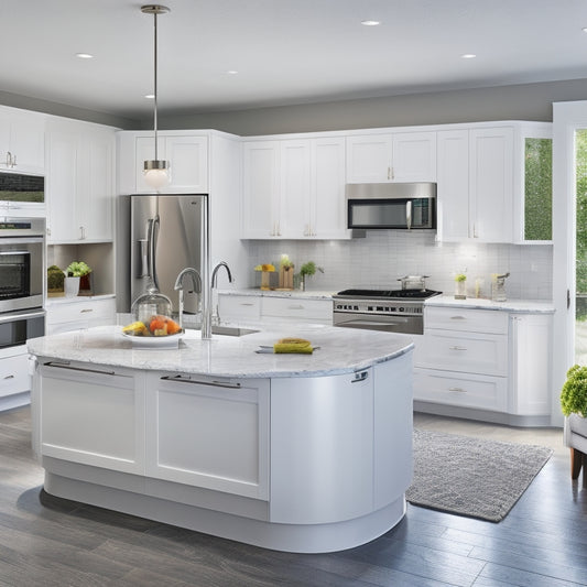 A modern kitchen with a large, circular island, high-gloss white cabinetry, and stainless steel appliances, featuring a designated cooking zone with a gas range and overhead pot filler.