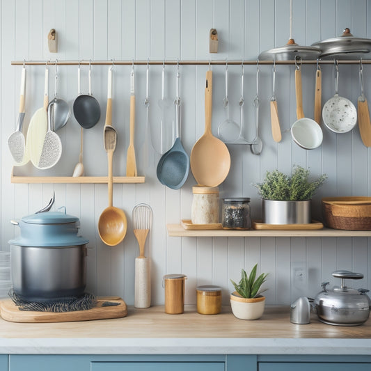 A tidy kitchen counter with a divided utensil organizer, wooden spoons and spatulas arranged by size, a hanging pot rack with hooks for frequently used items, and a small tray for corraling small gadgets.