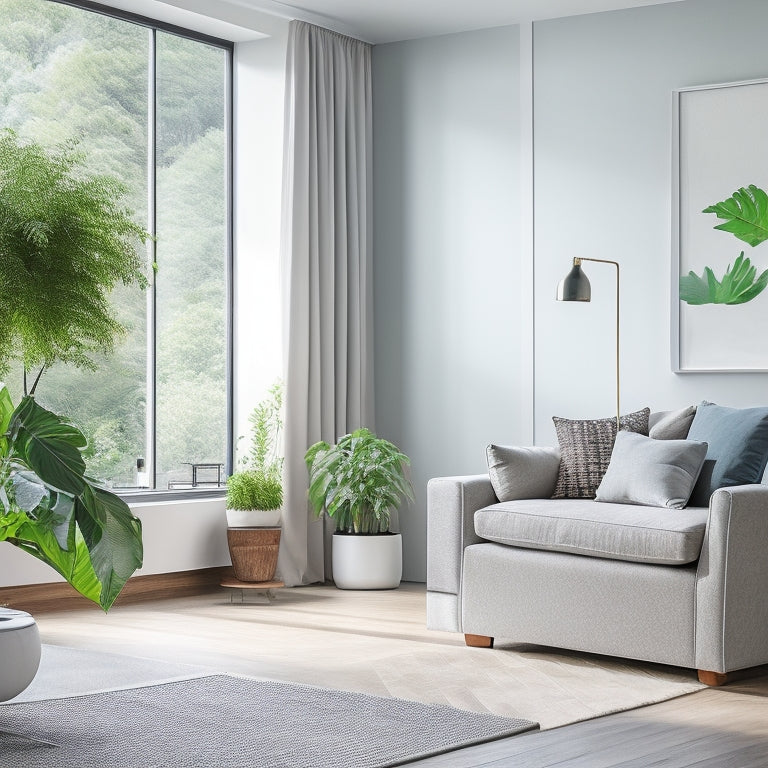 A serene, modern living room with a subtle mist effect, featuring a sleek, white dehumidifier in the corner, surrounded by lush green plants and a few water droplets suspended in mid-air.