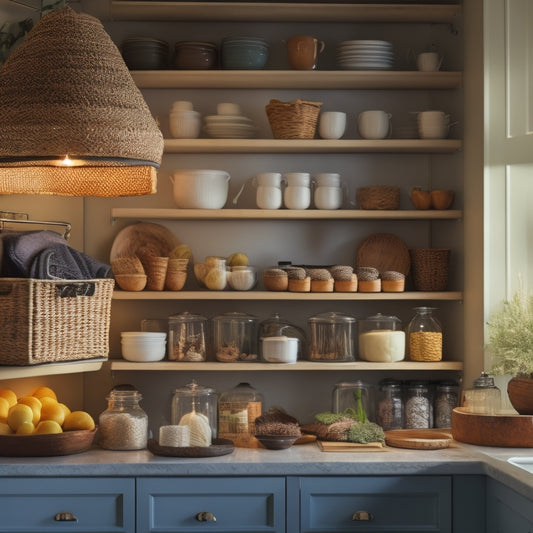 A tidy kitchen cabinet with soft, warm lighting, featuring adjustable shelves, wicker baskets, and labeled dividers, showcasing a harmonious arrangement of cookbooks, glass jars, and utensils.