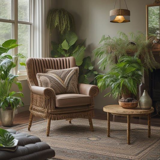 A cozy living room with a refurbished vintage armchair, a macrame plant hanger, and a reclaimed wood coffee table, surrounded by lush greenery and warm, soft lighting.