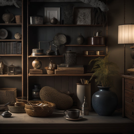 A cluttered, dimly lit corner of a room with dusty, forgotten items piled haphazardly, contrasted with a sleek, organized corner featuring a stylish, curved shelving unit and a few, carefully selected decorative items.