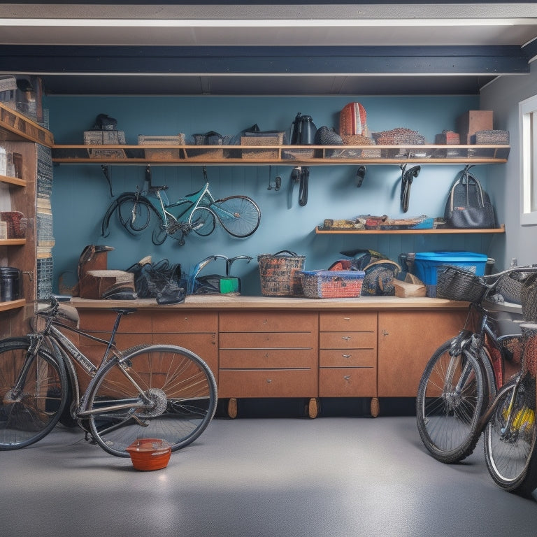 A cluttered garage with scattered tools, bikes, and boxes, contrasted with a sleek, organized space featuring installed shelves, cabinets, and hooks, with a few neatly parked bicycles.