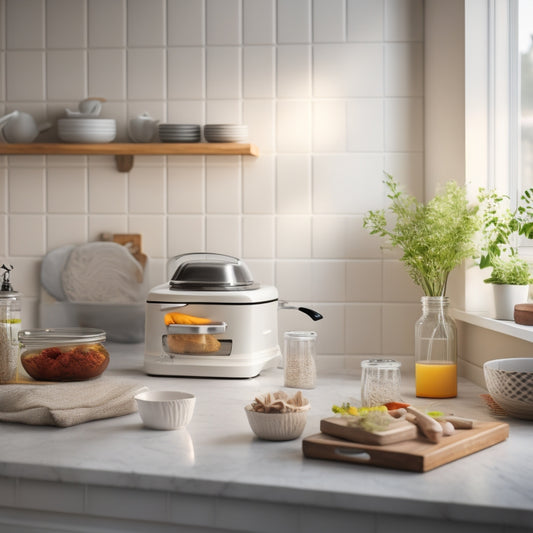 A tidy, L-shaped kitchen countertop with a small, white ceramic sink, a compact toaster, and a few neatly arranged spice jars, surrounded by a minimalist backsplash and warm, natural lighting.