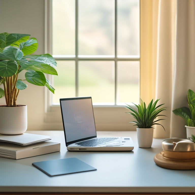 A serene, minimalist workspace with a sleek laptop, a few carefully placed pens, and a small potted plant, set against a calm, creamy background with subtle natural light.