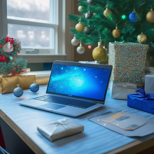A tidy, snowflake-patterned desk with a laptop, festive ornaments, and a label maker surrounded by rolls of colorful labels, amidst a blurred background of wrapped gifts and a decorated Christmas tree.