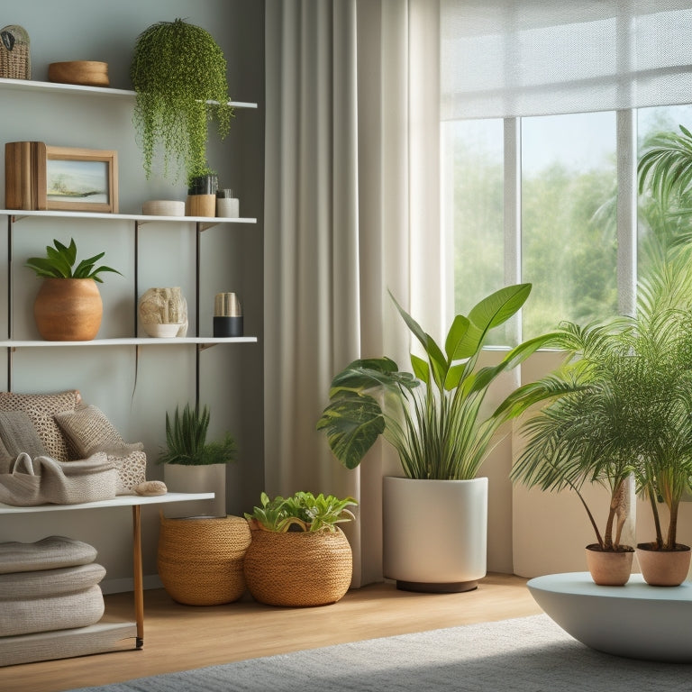 A tidy, modern living room with a sleek, wall-mounted shelf system, woven storage baskets, and a few carefully placed potted plants, illuminated by a large window with soft, white curtains.