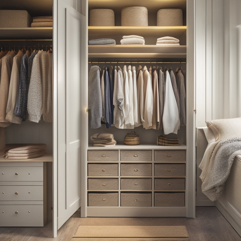 A tidy closet interior with three-tiered shelves, wooden rods, and a built-in dresser, surrounded by soft, warm lighting and a few neatly hung garments.
