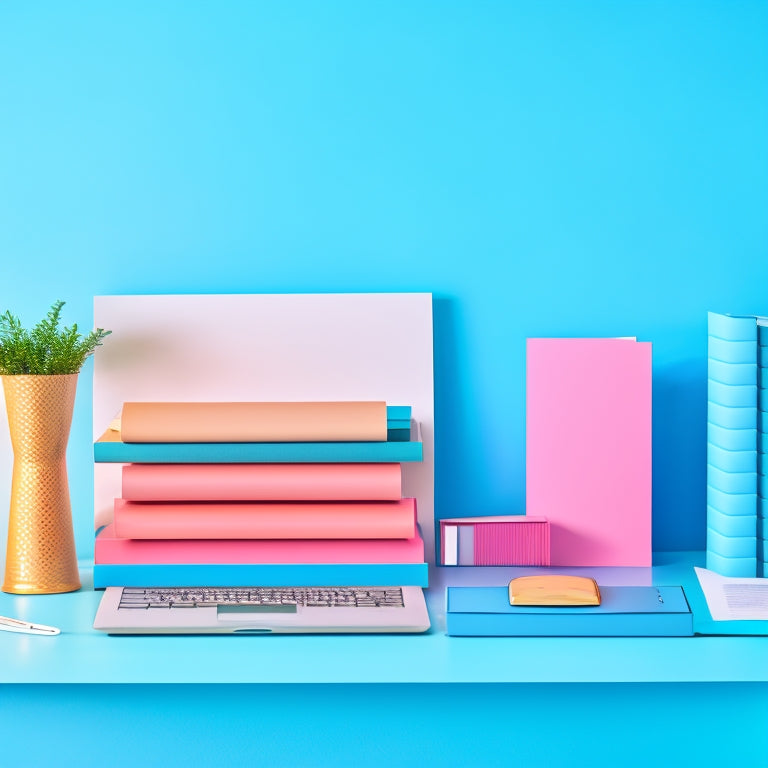 A clutter-free desk with a sleek laptop, a tidy stack of colorful folders, a minimalist planner, and a few thoughtfully arranged office supplies, set against a calming light blue background.