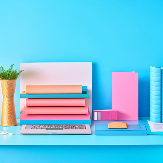 A clutter-free desk with a sleek laptop, a tidy stack of colorful folders, a minimalist planner, and a few thoughtfully arranged office supplies, set against a calming light blue background.