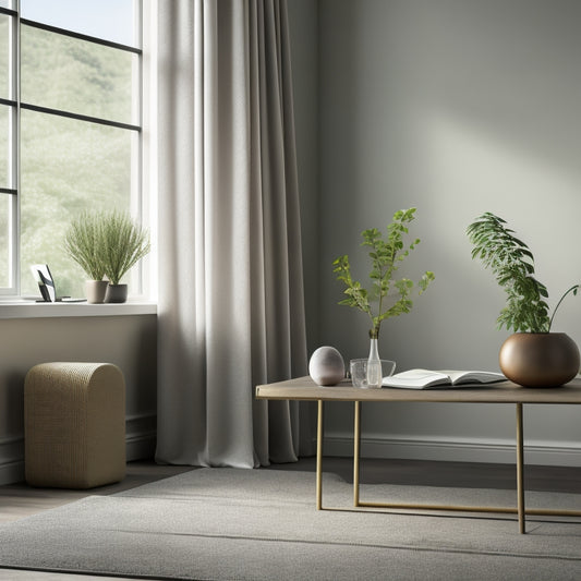 A serene, minimalist room with a few, carefully-placed possessions: a sleek desk with a single, leather-bound book, a modern vase with a single stem of greenery, and a plush area rug in a soothing neutral tone.