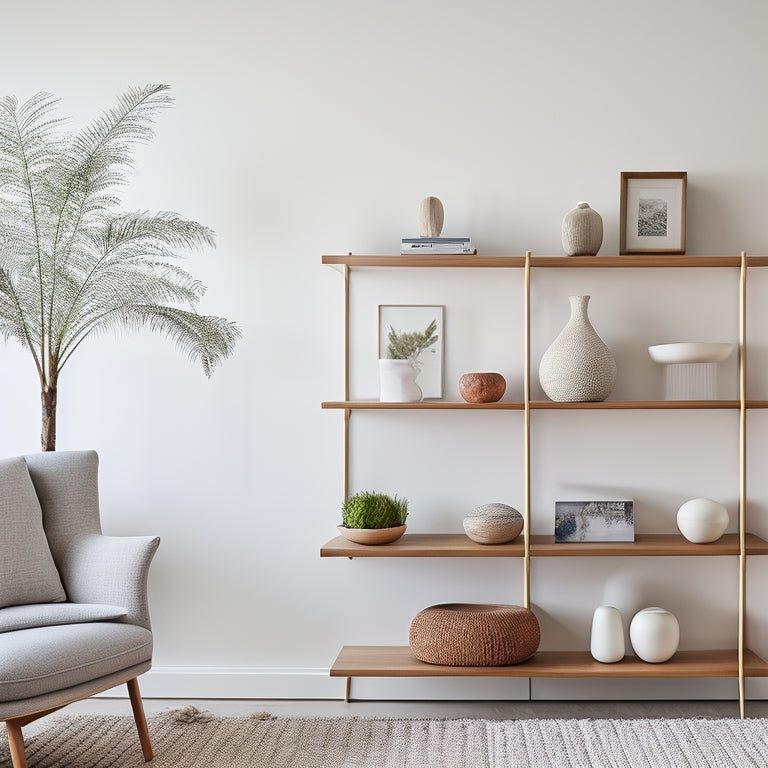 A modern, minimalist living room with sleek Elfa shelves in a warm, natural wood tone, holding a curated selection of decorative objects, books, and modern decorative vases, set against a crisp white background.