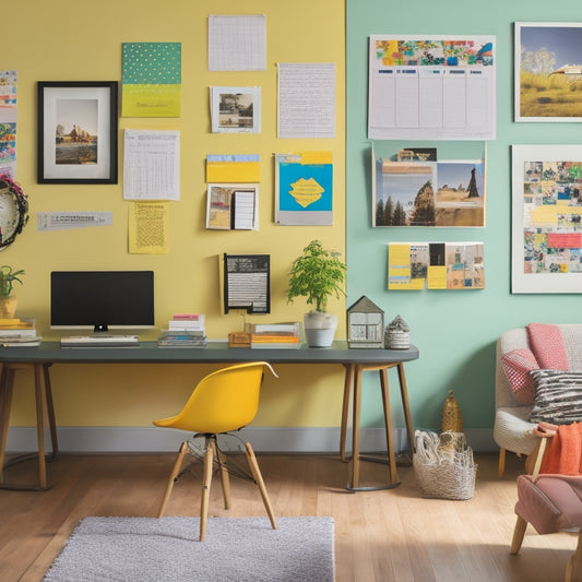 A clutter-free, modern home office with a laptop, tablet, and smartphone, surrounded by organized files, colorful sticky notes, and a calendar on the wall, with a subtle background of a happy family in the distance.