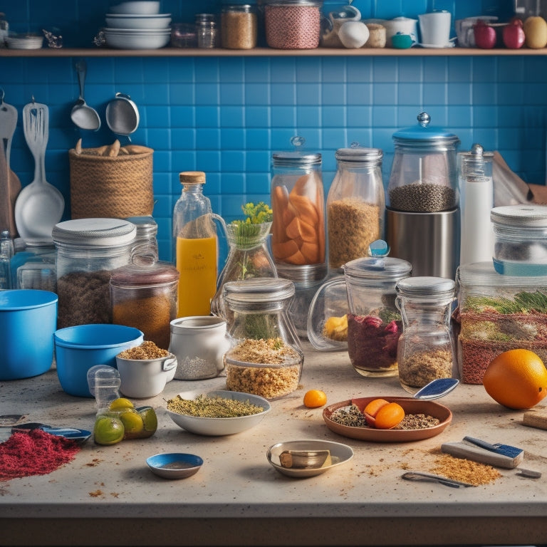 A cluttered kitchen counter with stacked, mismatched containers, utensils, and gadgets scattered haphazardly, with a few lids lying open or askew, surrounded by crumbs, spills, and stains.