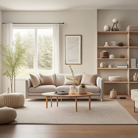 A serene, minimalist living room with a few, carefully placed decorative items, a sleek, low-profile shelving unit, and a few rolled-up rugs, amidst a backdrop of soft, creamy whites and warm, natural woods.