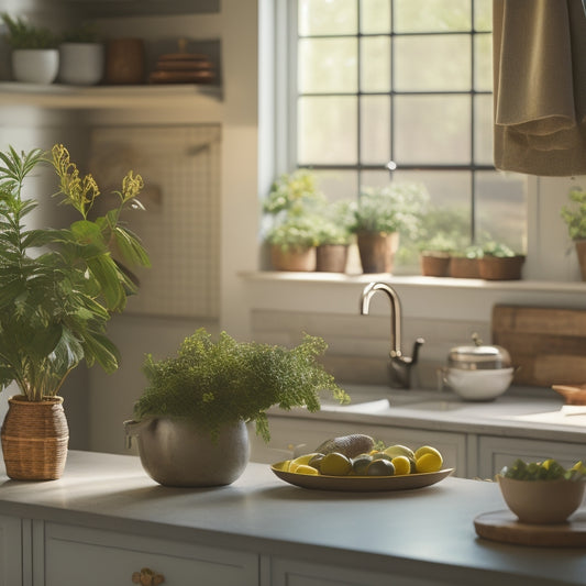 A serene kitchen scene with a tidy island, a few strategically placed cookbooks, and a small potted plant on the counter, surrounded by ample negative space and soft, warm lighting.