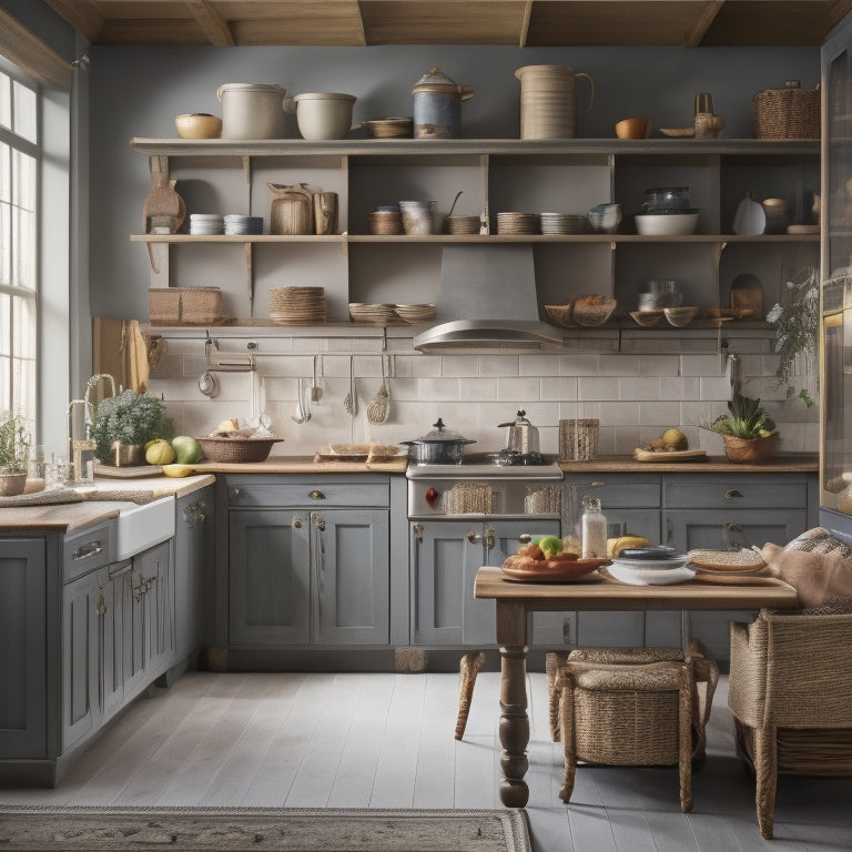 A beautifully styled kitchen with a large, wooden kitchen cart in the center, featuring multiple drawers, shelves, and cabinets, with utensils, cookbooks, and decorative items neatly organized and displayed.