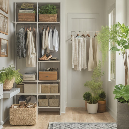 A serene, well-lit closet with a mix of hanging rods at varying heights, a shoe rack, and stacked storage bins, all organized by category and color, with a few decorative plants.