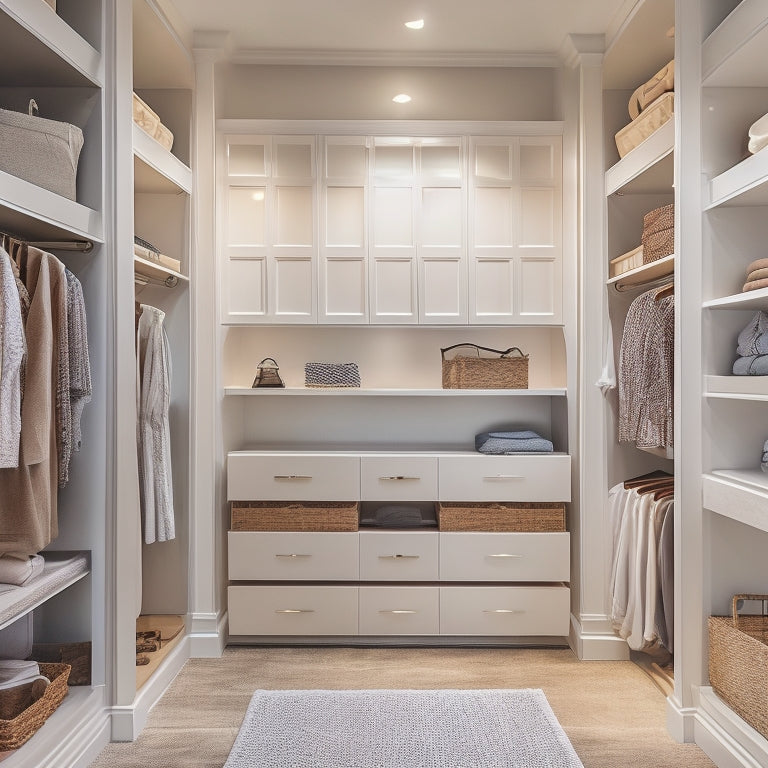 A serene, well-organized walk-in closet with floor-to-ceiling shelves, a central island with drawers, and a mix of hanging rods and storage cubbies, illuminated by soft, warm lighting.