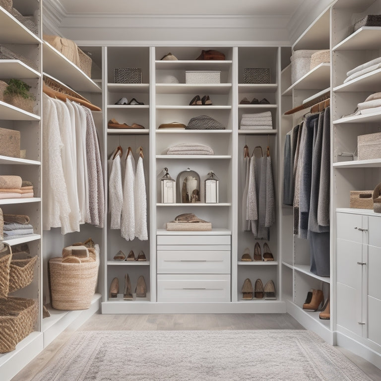 A serene, walk-in closet with creamy white walls, dark wood floors, and a mix of closed and open shelving units, showcasing neatly organized clothes, shoes, and accessories in a harmonious color palette.