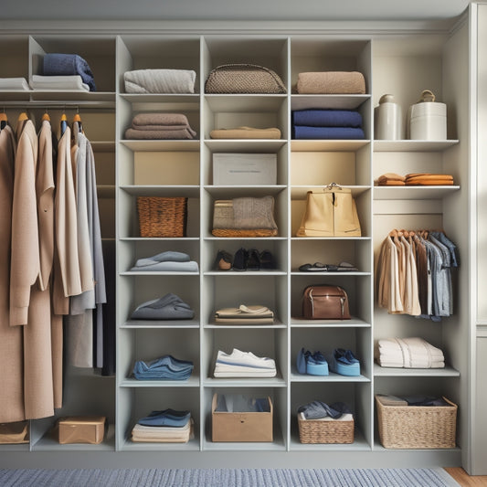 A serene, well-organized closet interior with sleek, minimalist shelving, neatly folded clothes stacked in color-coded piles, and a few stylishly arranged accessories on a shelf.