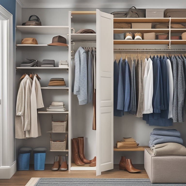 A tidy reach-in closet with a double-hang rod, adjustable shelves, and a shoe rack, showcasing a mix of neatly folded clothes, hung garments, and organized accessories like hats and bags.