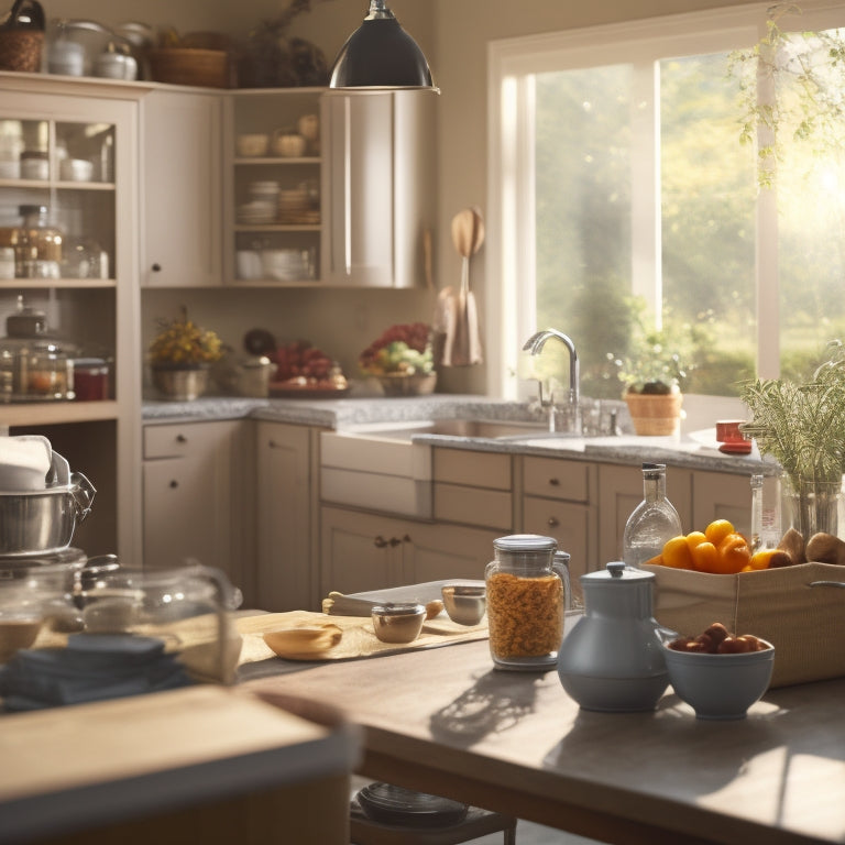 A tidy kitchen with a busy homeowner in the background, surrounded by organized utensils, a clean countertops, and a well-stocked pantry, with a subtle hint of morning sunlight.
