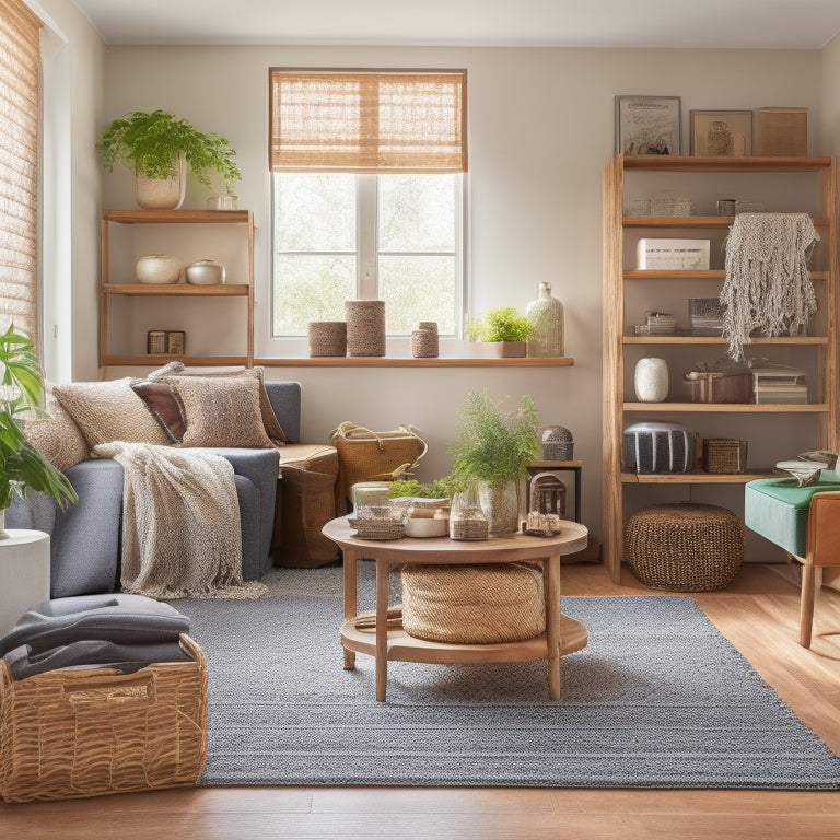 A clutter-free living room with a built-in shelving unit, woven baskets, and a wooden crate coffee table, surrounded by a few decorative items and plenty of negative space.