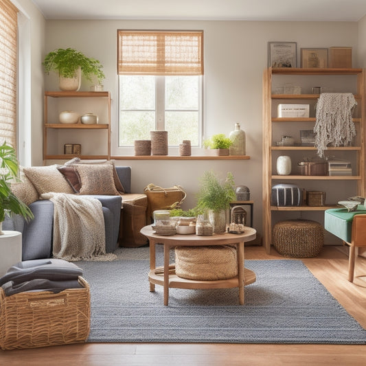 A clutter-free living room with a built-in shelving unit, woven baskets, and a wooden crate coffee table, surrounded by a few decorative items and plenty of negative space.