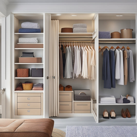 A serene, stylish closet with creamy white walls, dark wood flooring, and a floor-to-ceiling Elfa shelving system in sleek platinum finish, adorned with neatly arranged clothes and accessories.