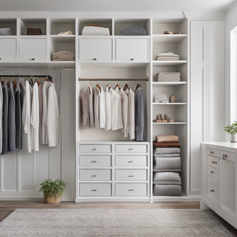 A serene, minimalist closet with creamy white walls, dark wood shelves, and a plush area rug, featuring a mix of open cubbies, velvet-lined drawers, and a floor-to-ceiling storage unit.